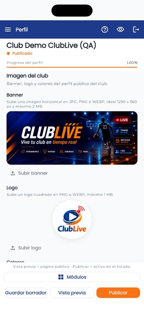 Pantalla de perfil de ClubLive: banner del club, logo y acciones de vista previa y publicación.