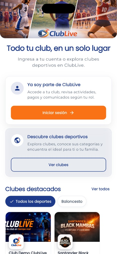 ClubLive: portada de la app con acceso e iniciar sesión.