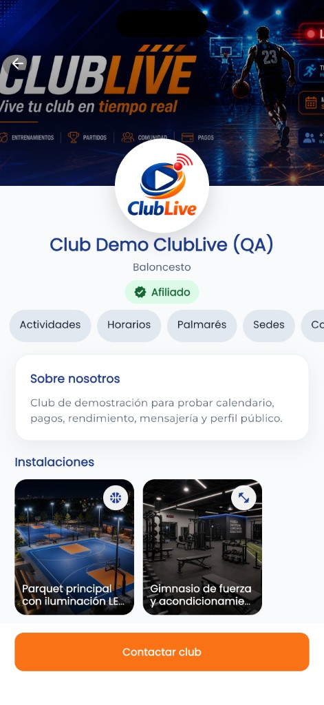 ClubLive: perfil público del club con actividades y contacto.
